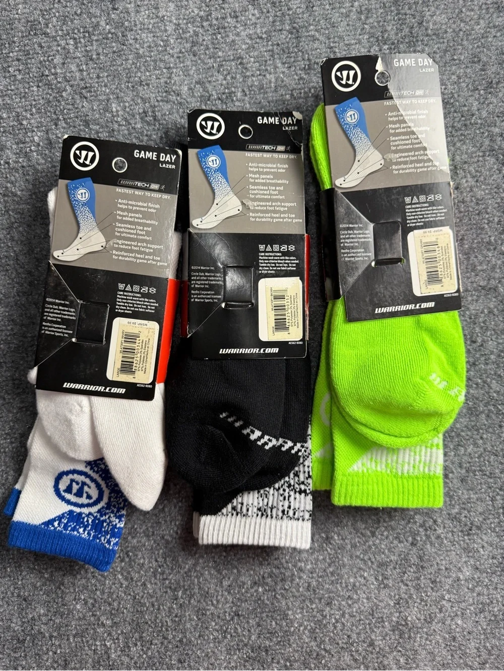 Warrior Game Day Men's Large Crew Socks - White, Black, Neon Green Nwt